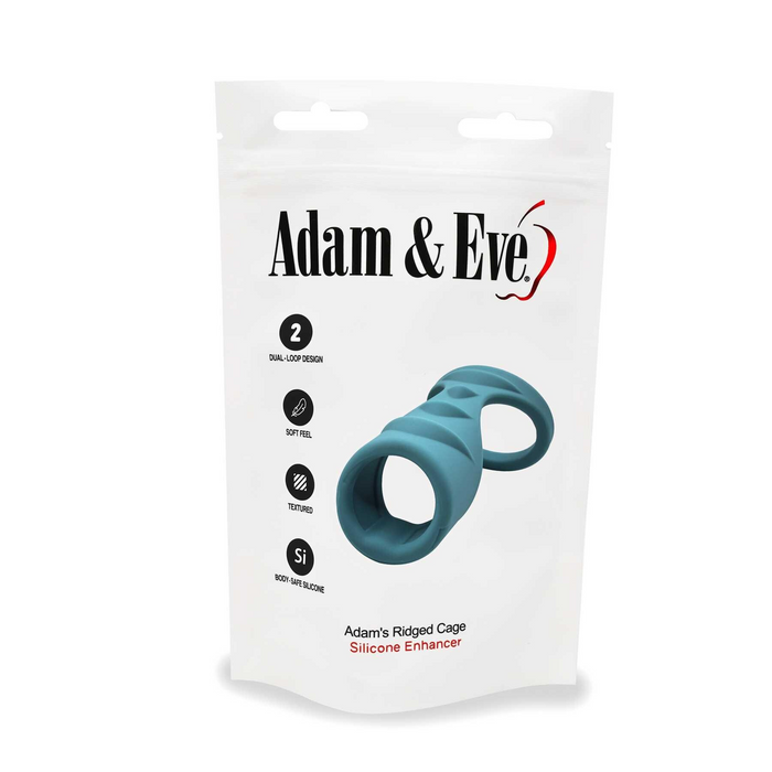 Package of Adam & Eve silicone enhancer with blue product on white background
