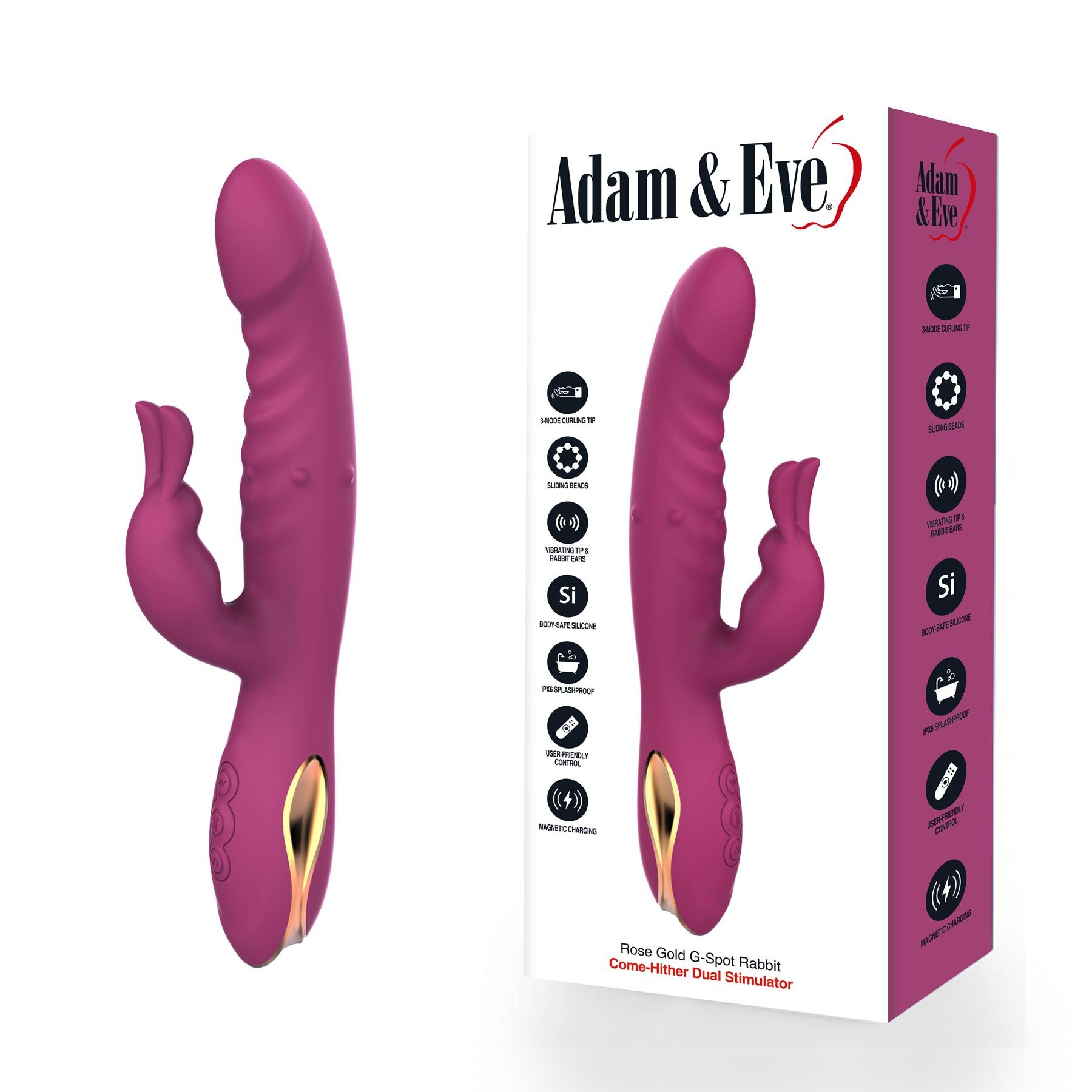 Pink G-Spot rabbit vibrator with packaging on a white background