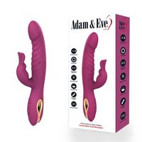 Pink G-Spot rabbit vibrator with packaging on a white background