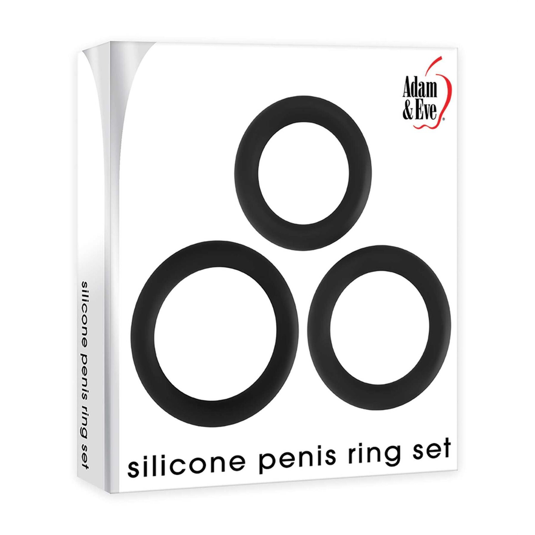 Box of Adam & Eve silicone penis ring set on a white background