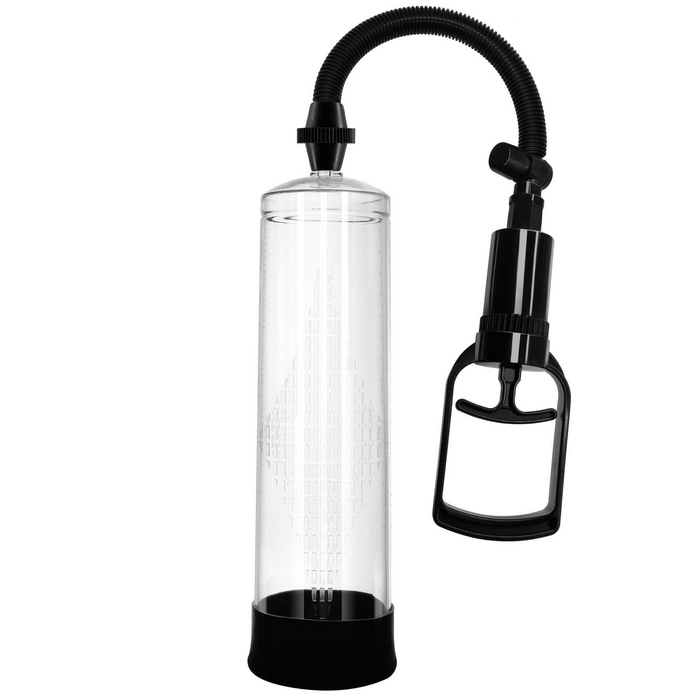 Clear penis pump with black cap and hand pump on a white background