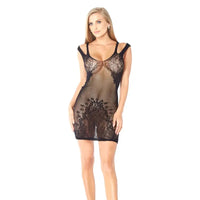 Black lace lingerie dress worn by a model on a white background