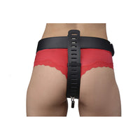 black chastity female belt, adjustable with pad lock on back