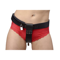 black leather female chastity belt, adjustable, with paddlock on front