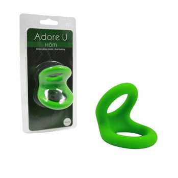 Green silicone ring with packaging labeled 'Adore U' on a white background