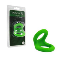 Green silicone ring with packaging labeled 'Adore U' on a white background