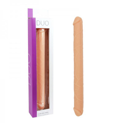 double ended realistic dildo with packaging on a white background