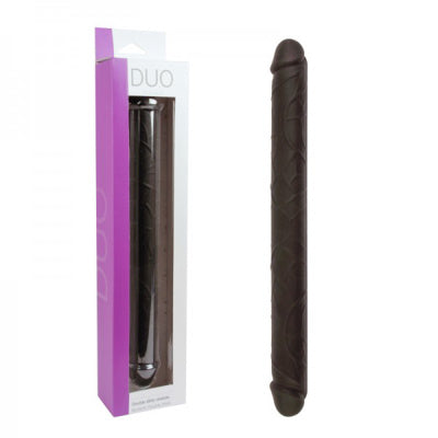 Black double ended dildo with packaging labeled 'DUO' on a white background