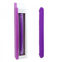 Purple DUO double dildo with packaging on a white background