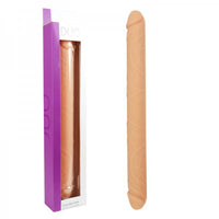 beige realistic double dildo with purple packaging on a white background