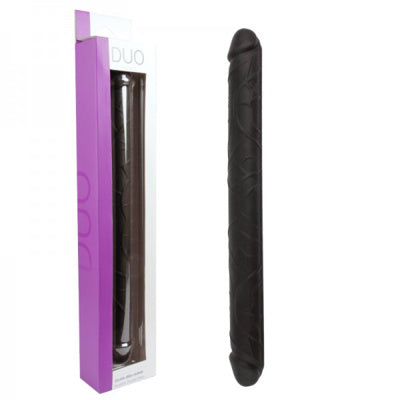 Black double dildo with purple packaging on a white background