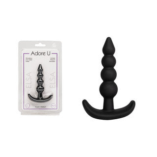 black anal plug with beads med beside packaging