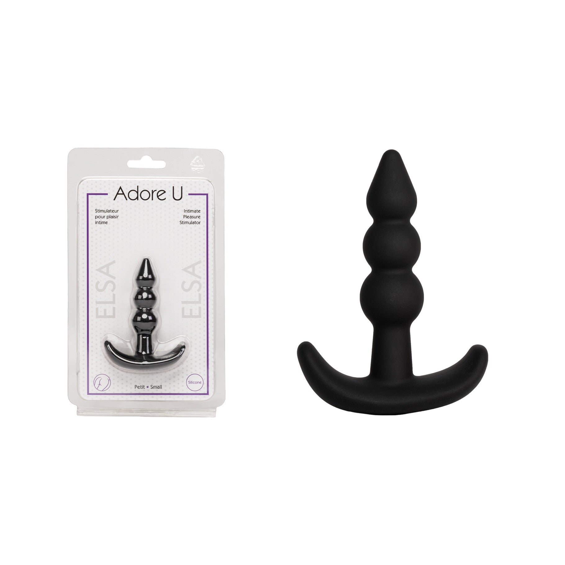 black anal plug with beads beside packaging