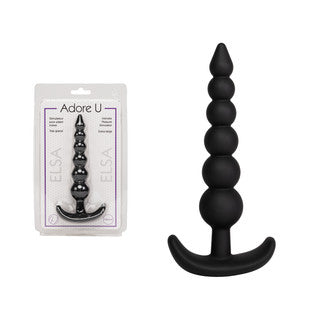 xl black anal plug with beads beside packaging