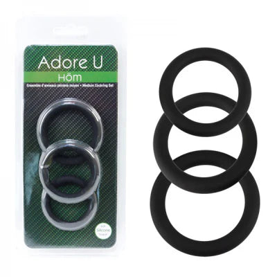 Set of black cock rings with packaging labeled 'Adore U Hom' on a white background