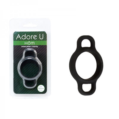 Black cock ring with packaging labeled 'Adore U' on a white background