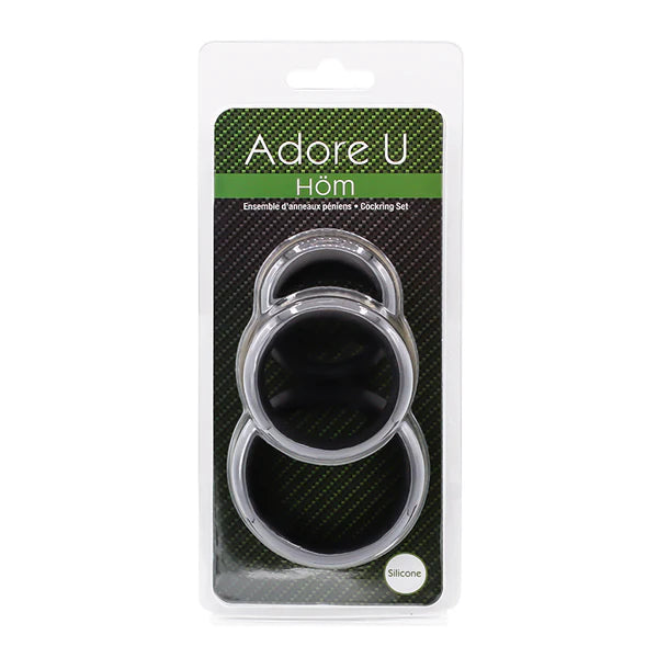 Packaged product cock ring set with 'Adore U' branding on a white background