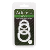 Silicone cockring set in packaging with 'Adore U' branding on a white background