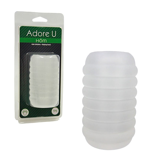 A translucent white silicone sleeve shown next to its retail packaging. The packaging features a green and white card labeled 'Adore U Hóm' with a clear window displaying the bulb inside.