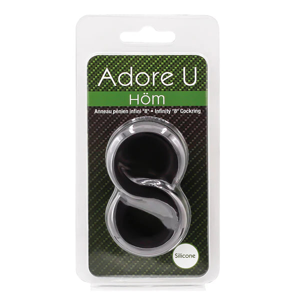 Silicone infinity 8 cockring packaging with 'Adore U' branding on a white background