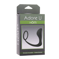 black cock ring with bulbed attached anal probe on box packaging