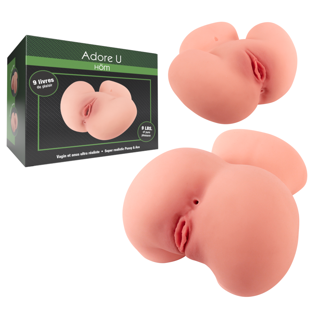 Two silicone female vagina & ass Masturbator forms with 'Adore U' packaging on a white background