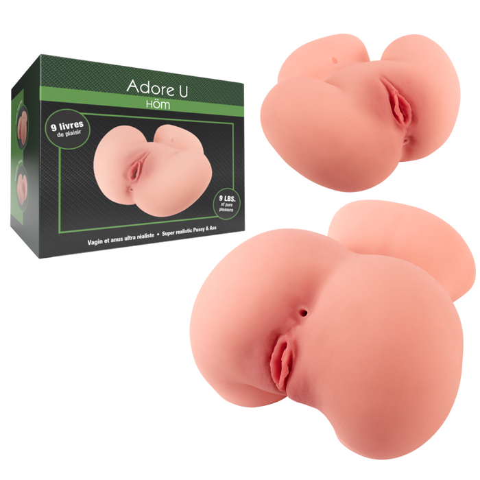 Two silicone female vagina & ass Masturbator forms with 'Adore U' packaging on a white background
