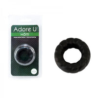 Black textured cock ring product with packaging labeled 'Adore U Hom' on a white background