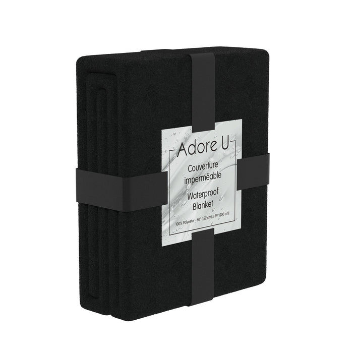 Black waterproof blanket with 'Adore U' label on a white background
