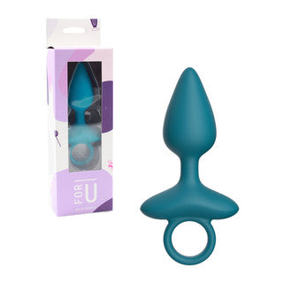 Teal silicone butt plug with packaging on a white background