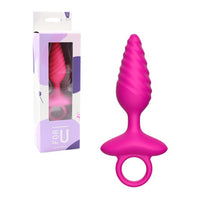Pink silicone sundae vibrating anal plug with packaging on a white background