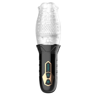 Black and clear masturbator on a white background