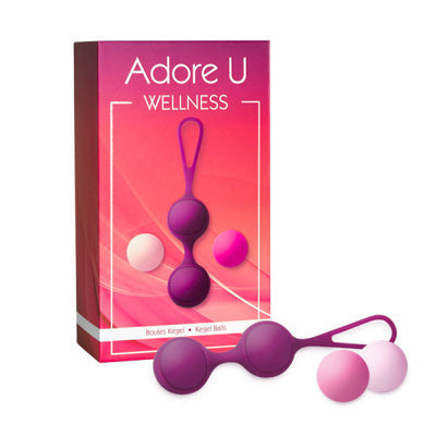 Adore U Wellness product packaging with two purple and pink balls on a white background