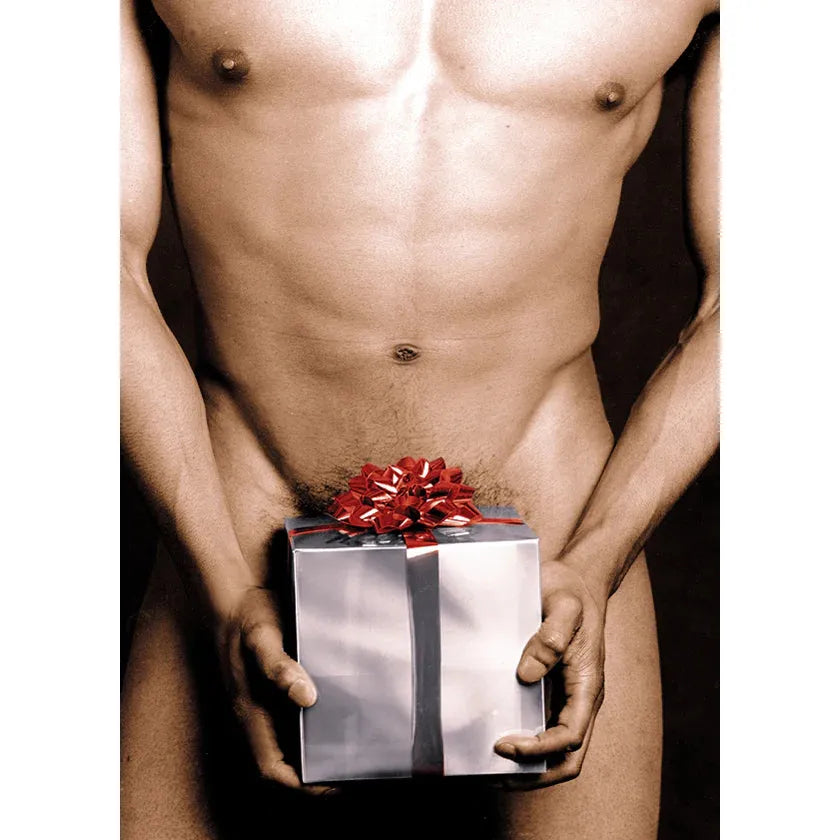 nude male holding silver wrapped box with red box