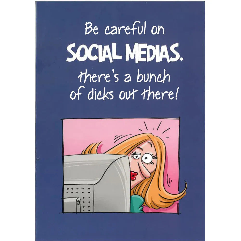 Cartoon character looking at a computer screen with text warning about 'dicks' on social media.