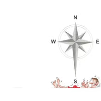 Compass rose with cardinal directions  pointing at a man laying on the ground on a white background