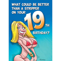 Cartoon stripper with text about a 19th birthday on a blue background