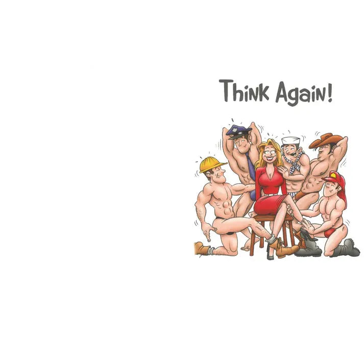 Cartoon illustration with a woman surrounded by men, with text 'Think Again!' on a white background.