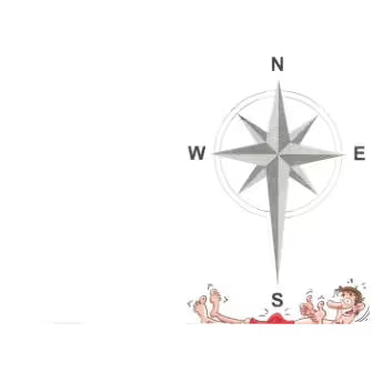 Compass rose with cardinal directions  pointing at a man laying on the ground on a white background