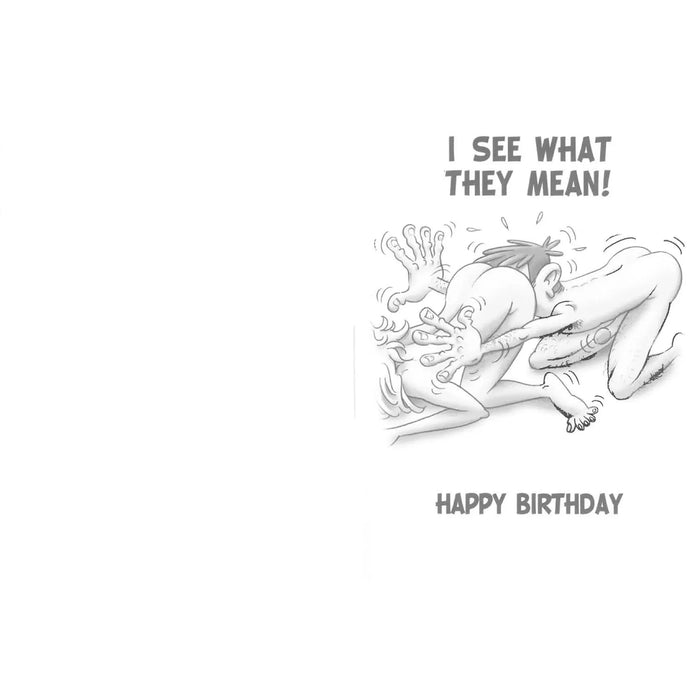Cartoon illustration of a person sticking their head up a butt with text 'I see what they mean! Happy Birthday' on a white background.