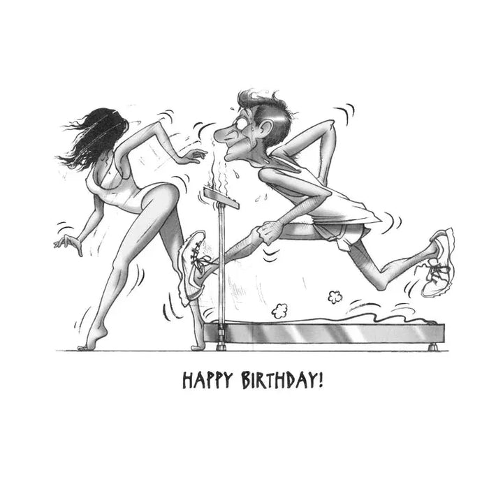 Cartoon of a man and woman running towards each other with 'Happy Birthday!' text.