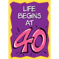 Cartoon-style text 'Life Begins at 40' on a purple and yellow background