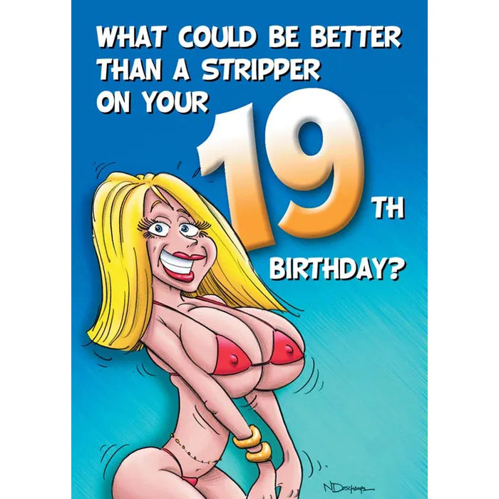 Cartoon stripper with text about a 19th birthday on a blue background