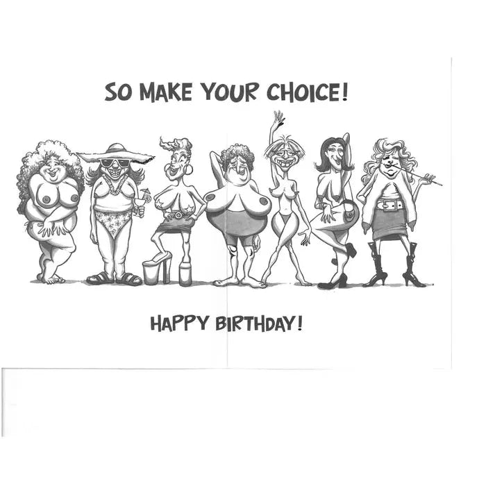 Cartoon-style birthday card with six stylized women and text 'So make your choice! Happy Birthday!'
