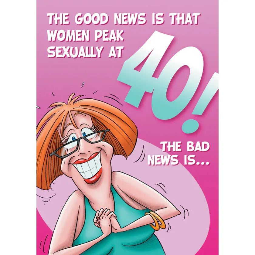 Cartoon character with glasses and a big smile on a pink background with text about women peaking sexually at 40.