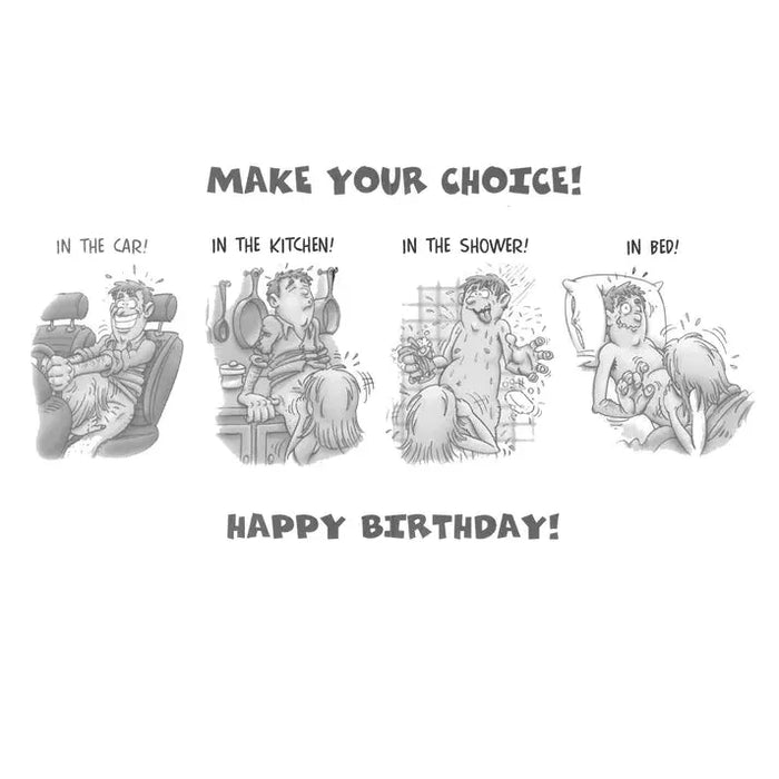Cartoon-style birthday card with four options for where to be on your birthday, featuring people in different scenarios.