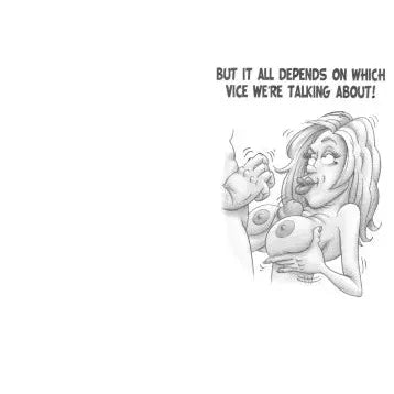 Cartoon-style illustration of a woman with text about vice.