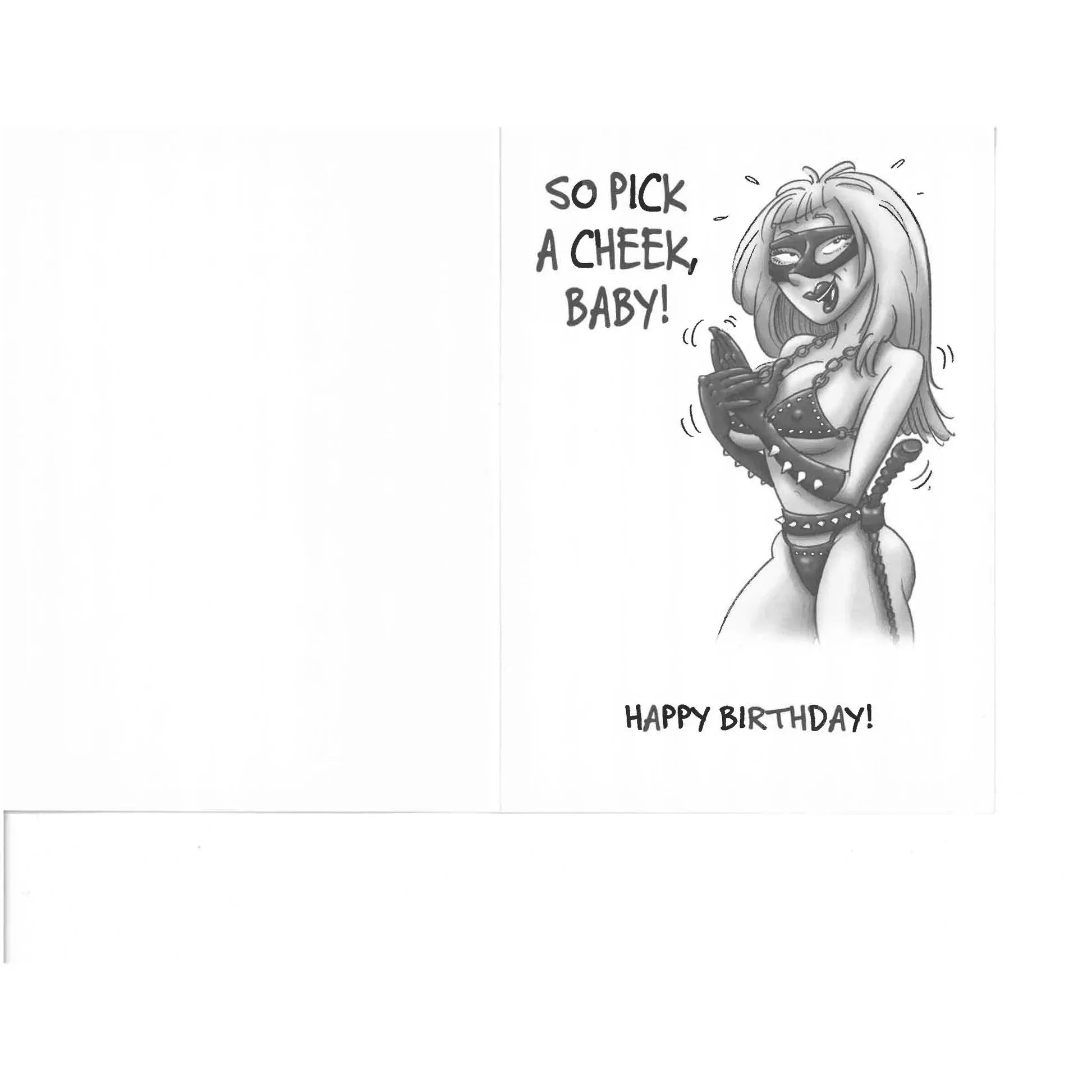Cartoon character with text 'So pick a cheek, baby! Happy Birthday!' on a white background