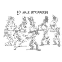 Illustrations of 10 male strippers in various poses on a white background.