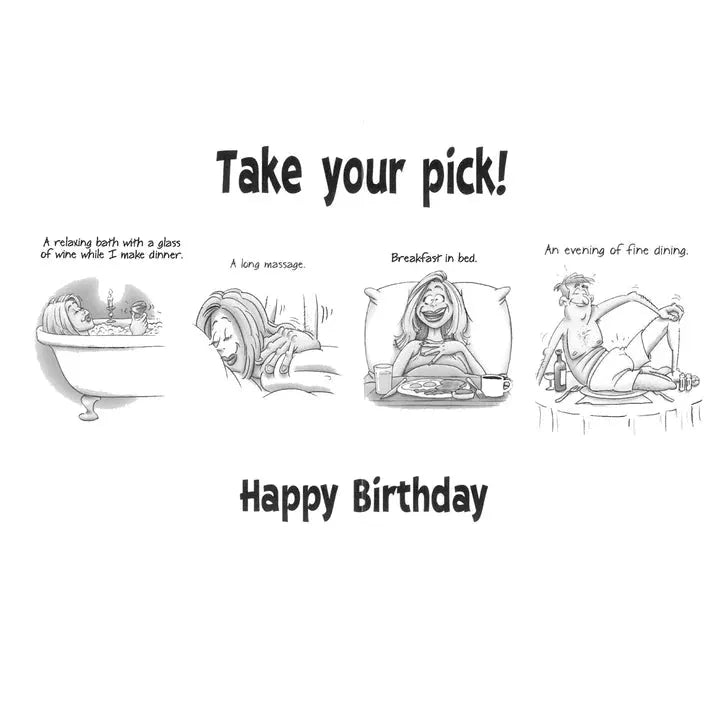 Cartoon birthday card with lifestyle choices for a happy birthday, including bath, massage, breakfast, and dining.